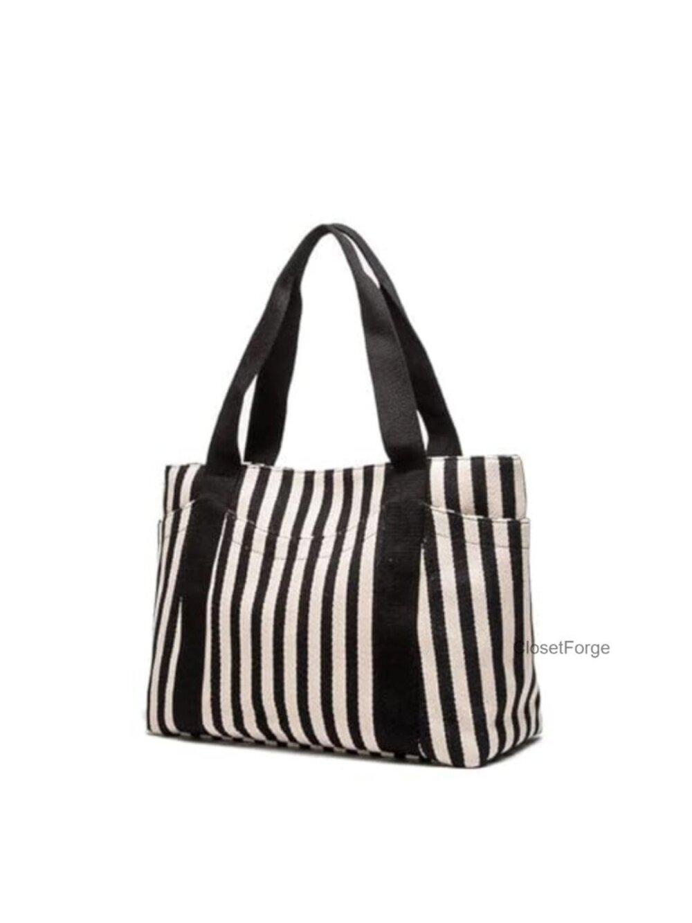 Striped Canvas Tote Bag for Women, Multi-Pocket Shoulder Handbag with Zipper,